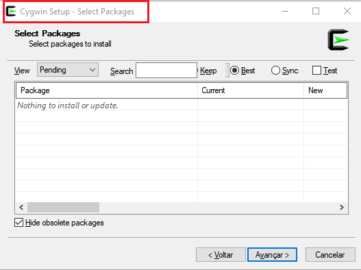 Figura 1. Tela de seleção de pacotes no Cygwin.